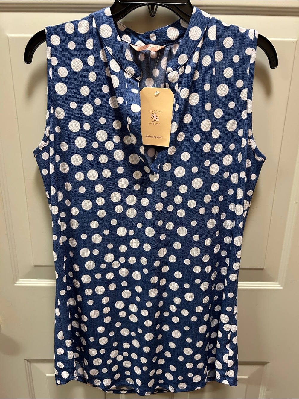 SJS Blue and White Polka Dot Sleeveless V-Neck Tank